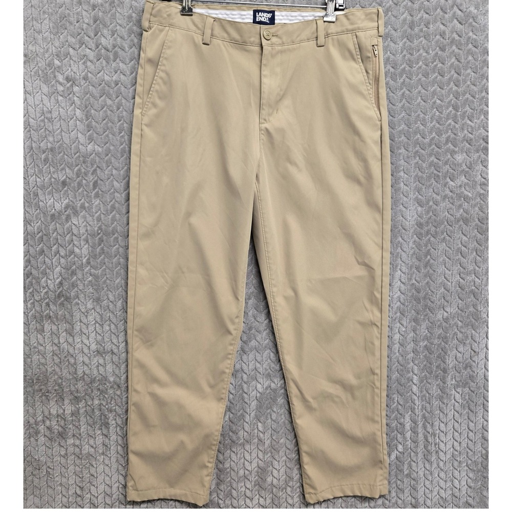 Lands End‎ Active Performance Mens Khaki Chino Pants Zipper Pocket Size 35x32